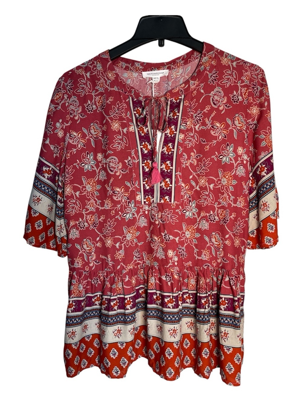beachlunchlounge Rose-Pink Floral Tie-Neck Peasant Blouse